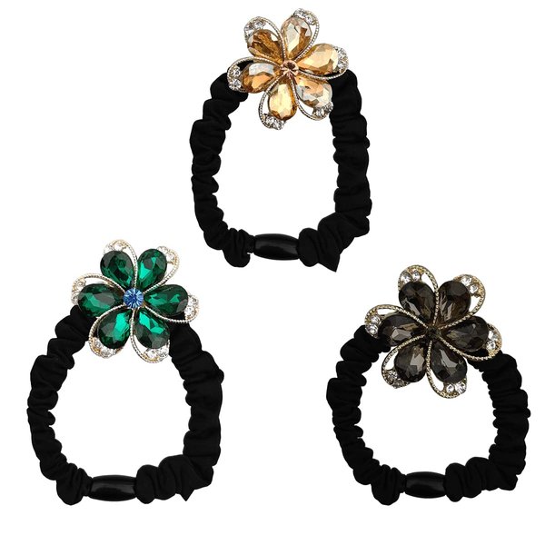 MOESUYUM 3PCS Hair Ties for Women Medium Thick Hair Crystal Elastic Hair Scrunchies Stretchy Hair Accessories Glitter Flower Ponytail Holders Rhinestone Hair Elastics Ties Handmade Hair Bands for Women and Girls Rubber Bands