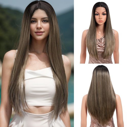REBECCA STYLE Long Straight Blonde Wigs for Women 26 Inch Lace Front Wig Human Hair Long T-Part Synthetic Wig for Black Women Long Hair Wigs Heat Resistant Natural Hair Middle Part (Platinum Blonde)