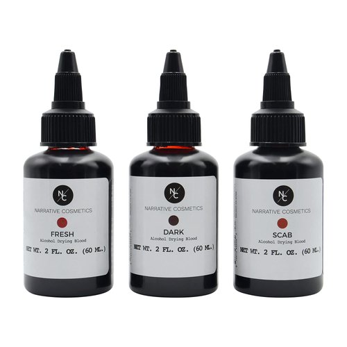 Narrative Cosmetics Alcohol Drying Blood, Ultra-Realistic Fake Liquid Blood, SFX Makeup for the Stage, Film, Halloween, and Cosplay - Dark, Fresh and Scab Blood Kit - 2oz Bottles 2oz Bottles