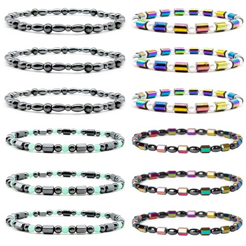SROBENZ 12 Pcs Therapy Hematite Anklet Bracelet Energy Healing Anklet Set for Women Men Lymphatic Drainage Anti-Anxiety Magnetic Obsidian Beach Anklets Bracelet