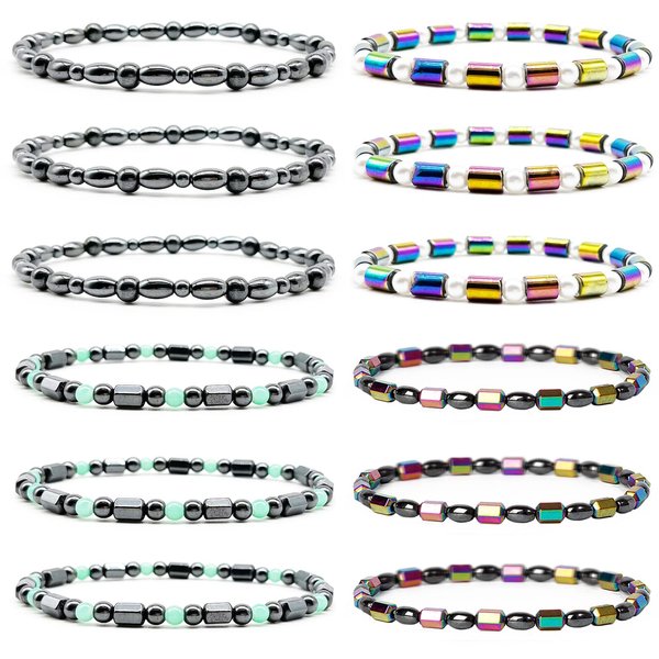 SROBENZ 12 Pcs Therapy Hematite Anklet Bracelet Energy Healing Anklet Set for Women Men Lymphatic Drainage Anti-Anxiety Magnetic Obsidian Beach Anklets Bracelet