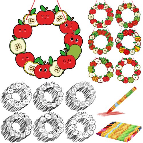 Solsew 30 Pcs Fall Wreath Crafts Thanksgiving Color Your Own Apple Crafts Fall Paper Apple Painting Craft with Crayons Autumn Fall Wreath Hanging Decor Kit for Home Activities Party Supplies