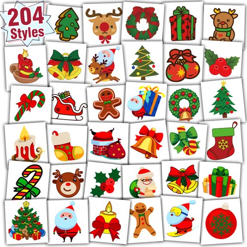 Partywind Christmas Holiday Party Supplies, 204 Styles Christmas Kids Tattoos for Stocking Stuffers, Party Favors Decorations with Santa/Snowflakes/Xmas Tree (Individually Wrapped Sheets)