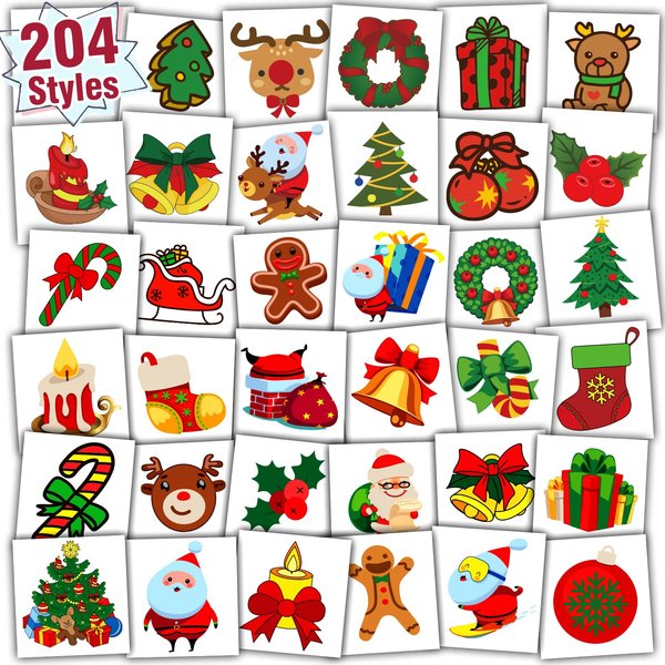 Partywind Christmas Holiday Party Supplies, 204 Styles Christmas Kids Tattoos for Stocking Stuffers, Party Favors Decorations with Santa/Snowflakes/Xmas Tree (Individually Wrapped Sheets)