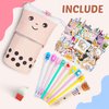 Primo Lines Kawaii Pencil Case and Complete 61 PCS Pink Stationary Set with Pop Up Cute Boba Case, 8 Pens, 50 Bubble Tea Stickers, Multi Color Pen For School Supplies
