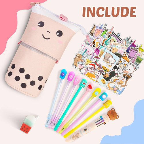 Primo Lines Kawaii Pencil Case and Complete 61 PCS Pink Stationary Set with Pop Up Cute Boba Case, 8 Pens, 50 Bubble Tea Stickers, Multi Color Pen For School Supplies