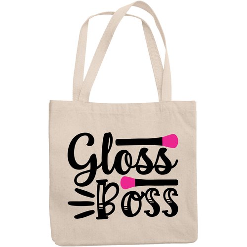 12oz Canvas Tote Bag - Gloss Boss, Lip Gloss Lover Quote - Beauty Themed Merch for Makeup Artist or Cosmetologist, Gift for Makeup Lovers & Beauticians
