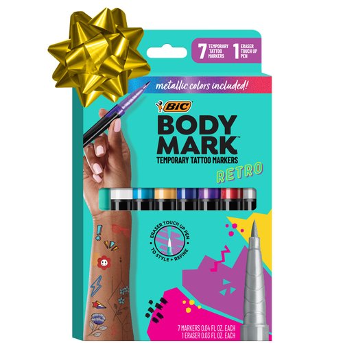 BodyMark 90s Pack Temporary Tattoo Markers for Skin, 4 Metallic, 3 Bold Colors, 1 Eraser Pen, Flexible Brush Tip, Skin-Safe, Cosmetic Quality, 8-Count