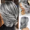 LEOSA Gray Ombre Wig Light Grey and Black Curly Bob Layered Wig with Curtain Bangs for Women Synthetic Short Silver Gray Wavy Bob Wig Highlight Grey Curly Bob Wig for Black Women Silver Grey Wig