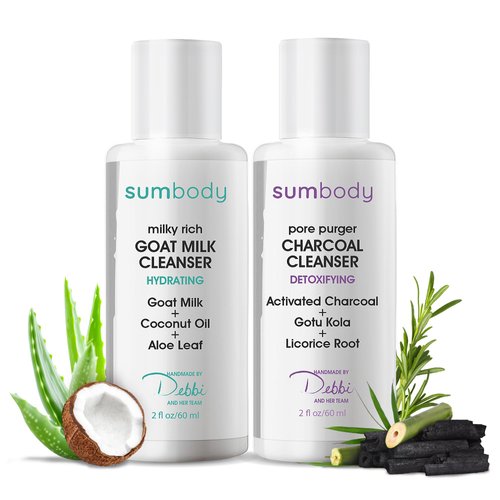 Sumbody Goat Milk & Deep Pore Detoxifying Charcoal Face Wash Duo - Hydrating Facial Cleanser for Oily Skin, Organic Day and Night Gentle Skin Cleanser, Travel Face Wash for Men and Women, Made in USA