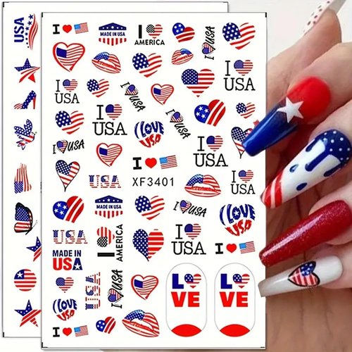 8 Sheets 4th of July Nail Art Stickers 3D Patriotic Nail Decals USA Flag Independence Day Nail Stickers for Nail Art Decorations Self-Adhesive American Flag Nail Art Design Supplies for Women Girls