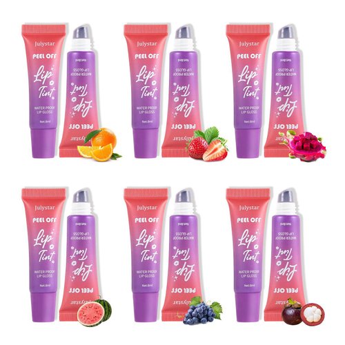 Hinourisha Peel Off Lip Stain Lip Tint 6 Colors, Fruity lip stain peel off, Tattoo Magic Color Lip Gloss Sets, Lip Oil for Women Colorful Glossy Lipstick Waterproof Long Lasting Make up Gift Set