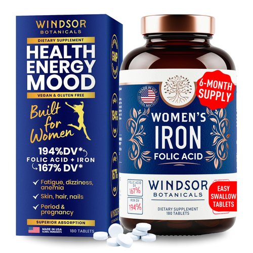 Iron Supplement for Women with Folic Acid - 35mg Gentle Iron, 667mcg Folate Vitamin B9 - Anemia, Period, Pregnancy Support Prenatal Iron Supplements Ferrous Sulfate Pills - 180 Vegan Iron Tablets