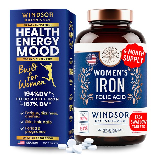 Iron Supplement for Women with Folic Acid - 35mg Gentle Iron, 667mcg Folate Vitamin B9 - Anemia, Period, Pregnancy Support Prenatal Iron Supplements Ferrous Sulfate Pills - 180 Vegan Iron Tablets