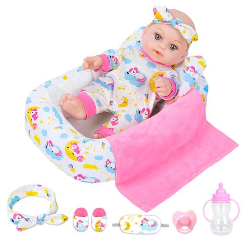 12 Inch Baby Doll With Soft Crib Bassinet Bed,Sleep Time Theme Baby Dolls Set For Girls With Doll Accessories And Clothes Include Bottle Nipple Blanket Eye Mask Slippers Toy Gift For Age 3+ Kids