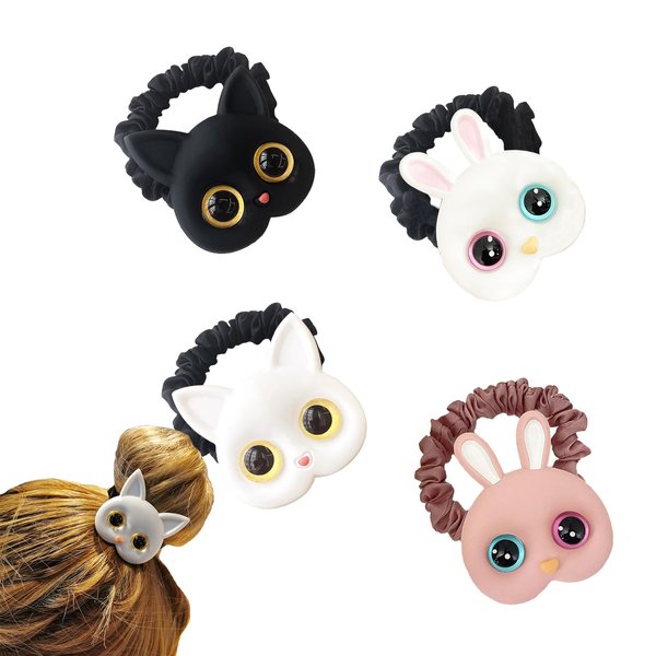 Cute Hair Ties Cat Rubber Elastic Bands Rabbit Hair Bands Ponytail Holders Rope Hair Accessories 4 Pcs for Girls Women Kids