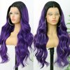 FUGADY Purple Body Wavy Wig Lace Front Wig Dark Root Purple Synthetic Lace Front Curly Wigs for Black Women Pre Plucked with Baby Hair Heat Resistant Synthetic Wigs Daily Party Cosplay Use (Synthetic| 13 * 4|24Inches)