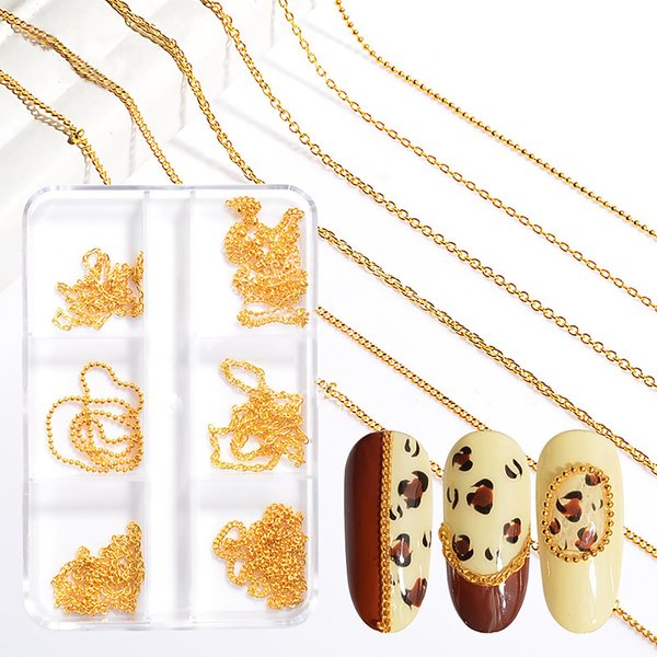 JERCLITY 1 Box 6 Strips Nail Chains for Nail Art Gold Alloy Metal Nail Art Chains Gold Nail Charms Punk Nail Studs Gold Caviar Beads Chain Jewelry Accessories for Women Nail Art