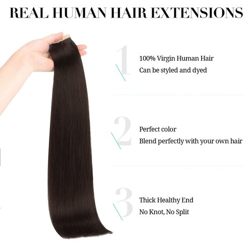 DOORES 20pcs Human Hair Extensions Tape in Remy Dark Brown Tape in Hair Extensions Real Hair Glue in Extensions Straight 50g 20 Inch