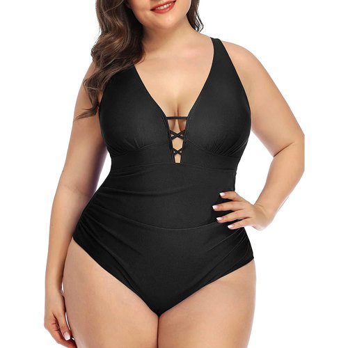 Yonique Women Plus Size One Piece Swimsuit Tummy Control Bathing Suits Lace up Plunge Swimwear Black 18W