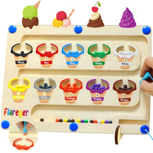 Flareyer Magnetic Color and Number Maze Wooden Magnets Board Puzzle for Toddlers, Number Learning Counting Matching Games, Color Sorting Toys, Montessori Fine Motor Skills Toys for Kid 3 4 5 Years Old