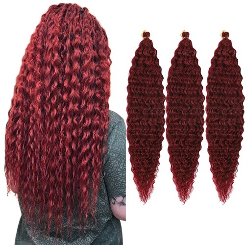 30inch Ocean Wave Braiding Hair Extensions 3packs Long Deep Curly Wave Braid Hair Synthetic Twist Ripple Crochet Deep Wave Braids Hair for Women 100g/pack(30",Burgundy)