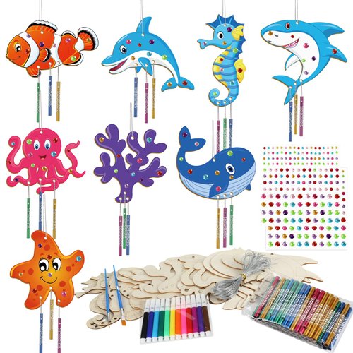 gisgfim 16 Pack Ocean Animal Wind Chime Kit Crafts for Kids Make Your Own Sea Animal Wind Chime Wooden DIY Art Coloring Activity for Summer School Home Party Hanging Decoration Birthday Supplies Favor