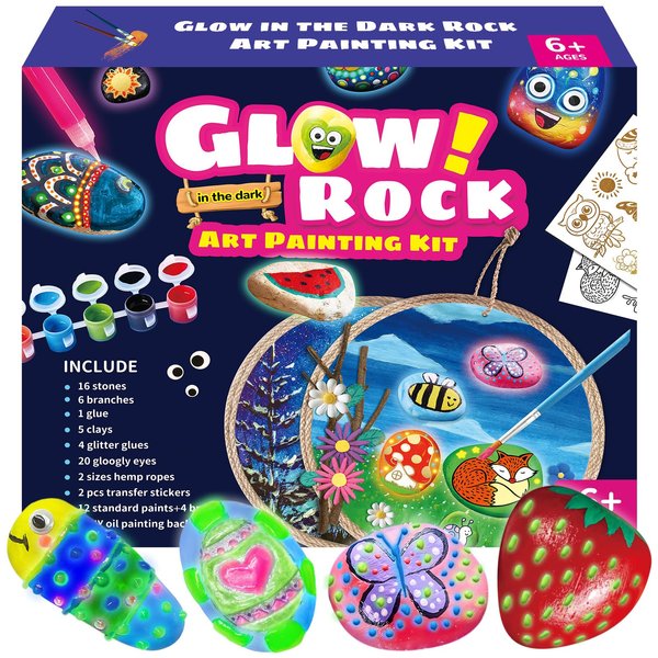 SOOVSY Glow in The Dark Rock Painting Kit, Paint Rocks Craft Kit for Kids, DIY Arts & Crafts Toy for Boys Girls Birthday Party Gift, Kids Craft Paint Set for Age 4-6-8-12