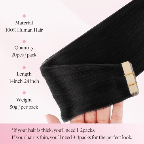 MAXITA Hair Extensions Tape in Natural Black Hair Extensions Tape in Extensions Remy Human Hair Seamless Straight Human Hair Extensions 18 Inch 20pcs 50g Real Human Hair for Women