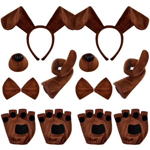 Coopay 10 Pieces Puppy Dog Costume Set Dog Ear Headband, Bow Tie, Tail, Fake Nose and Puppy Paw Gloves Animal Costume Accessories for Halloween Cosplay Costume Dress Up Party Decoration