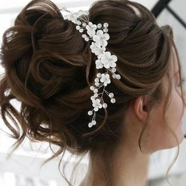 Latious Flower Bride Wedding Hair Vine Silver Pearl Bridal Headpiece Floral Hair Piece Hair Accessories for Women and Girls(3.54Inches)