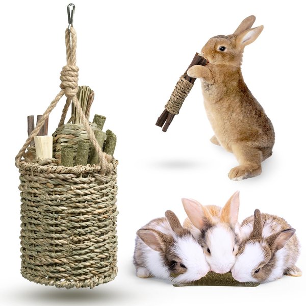 DBLPMF Rabbit Chew Toys,Natural Seagrass Hanging Basket with Sweet Bamboo,Timothy Hay,Water Plant Radish,Apple Sticks for Bunny Chinchillas Guinea Pigs Hamsters Rats Teeth Grinding