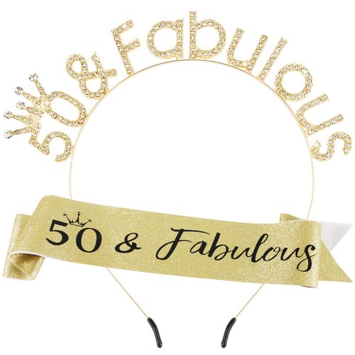 SuPoo 50th Birthday Sash and Crown Kit Gold 50 & Fabulous Birthday Headband Tiara 50th Birthday Decorations for Women 50th Birthday Gifts for Her 50 Year Old Happy Birthday Party Decorations