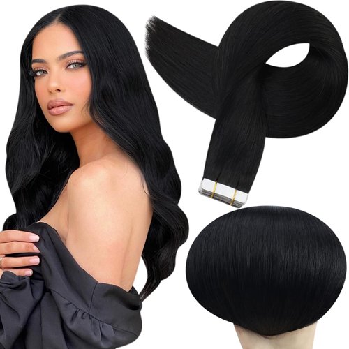Full Shine Tape in Hair Extensions Human Hair 18 Inch Glue in Remy Hair Extension Color 1 Jet Black Fashion Tape in Extensions, Tape in Hair Extension 20 Pcs 50 Gram