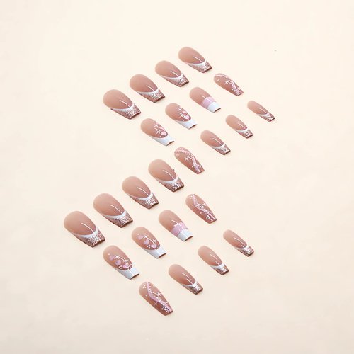 IMSOHOT Coffin Press on Nails Long Acrylic Fake Nails French Ballerina False Nails Glue on Nails Glossy Full Cover Nude Glitter Nails with Pink Heart Designs 24PCS