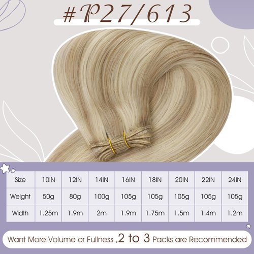 Full Shine Weft Human Hair Extensions Blonde Highlights Real Human Hair Weft Human Hair Extensions #27/613 Honey Blonde Mix Platinum Blonde Weft Hair Extensions Caramel Blonde Highlights Silky Straight 105g 18inch
