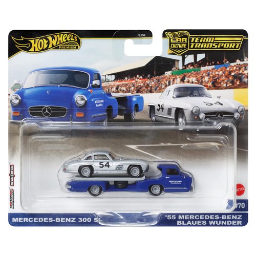 Hot Wheels Team Transport Culture Die-cast Cars, Mercedes-Benz 300 SL, MB Blaues Wunder Flatbed Truck, 1:64 Scale Model