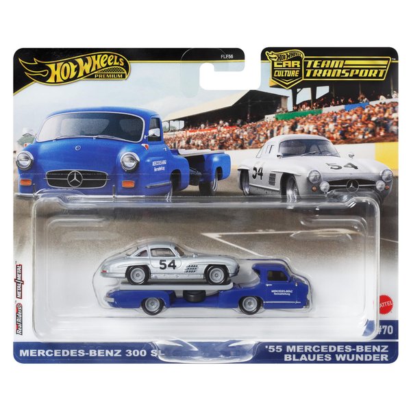 Hot Wheels Team Transport Culture Die-cast Cars, Mercedes-Benz 300 SL, MB Blaues Wunder Flatbed Truck, 1:64 Scale Model