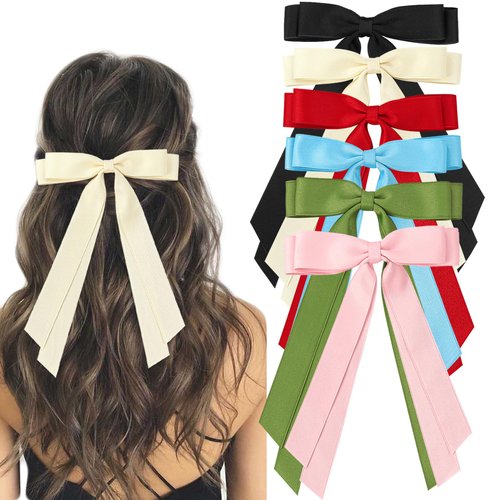 6PCS Ribbon Bows knot Hair Clips for Women Girls, Silky Satin Tassel Barrettes With Long Tail, Cute Ponytail Holder Hair Styling Accessories (6 colors,Blue)
