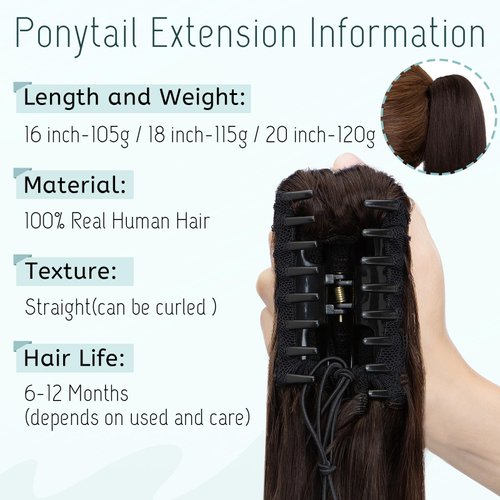 S-noilite Claw Clip Ponytail Extension Human Hair #2 Dark Brown Real Remy Human Hair Ponytail Extension 16inch Long Straight Hair Pony Tails Hair Extensions For Women 105Grams