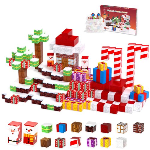 HEVARAL 100PCS Magnetic Blocks, Magnetic Building Blocks Set for Boys Girls, Build Magnet Blocks Set with Christmas-Themed, Magnetic Tiles for Kids STEM Sensory Toys, for Kids Ages 3 4 5 6 7 8 9