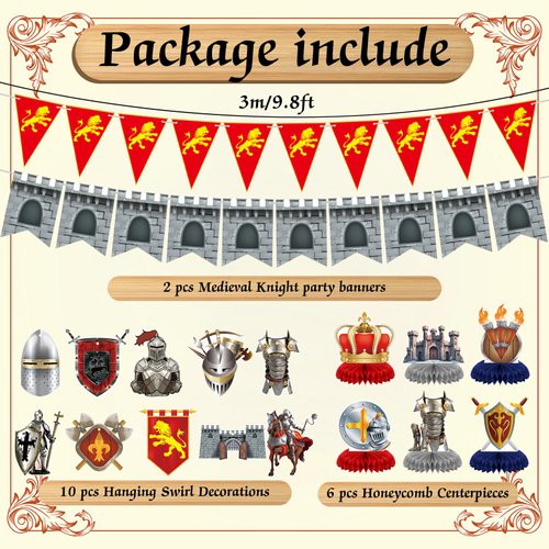 18 Pcs Medieval Knight Birthday Party Decorations Medieval Castle Party Supplies Medieval Whirls Hanging Banner Decorations Stone Wall Shield for Medieval Birthday Party Supplies