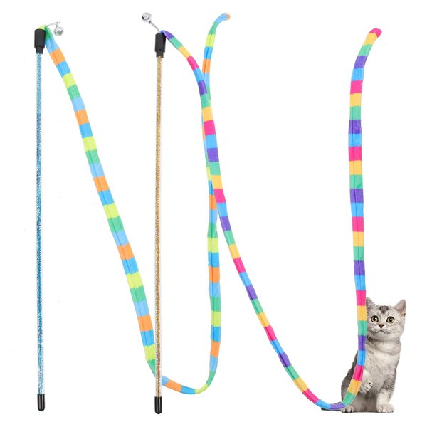 LUOZZY 2Pcs Cat Teasing Wand Indoor Interactive Cat String Stick Colorful Cat Teaser Wand String Toy Cat Fishing Pole Toy for Kitten Cat, Random Color