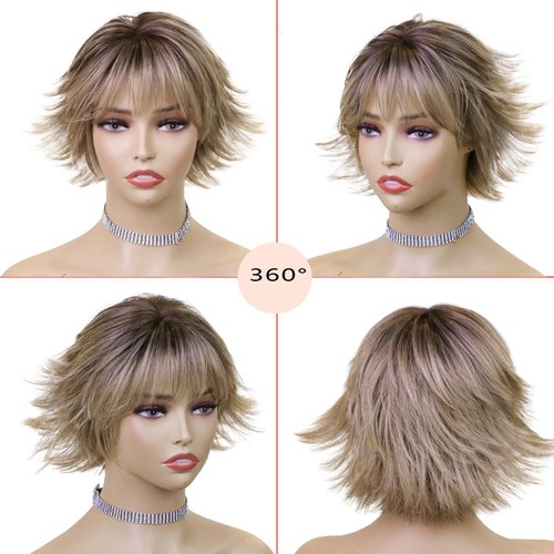 XIXISNOW Brown Blonde Wigs for Women Short Wavy Bob Wig with Bangs Hair Replacement Wigs Synthetic Short Curly Wave Wigs Womens Wigs Realistic Heat Resistant Natural Hair Wig for Daily Party Use