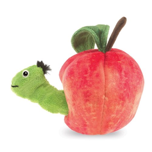 Folkmanis Worm in Apple Finger Puppet, Red, Green, 8"