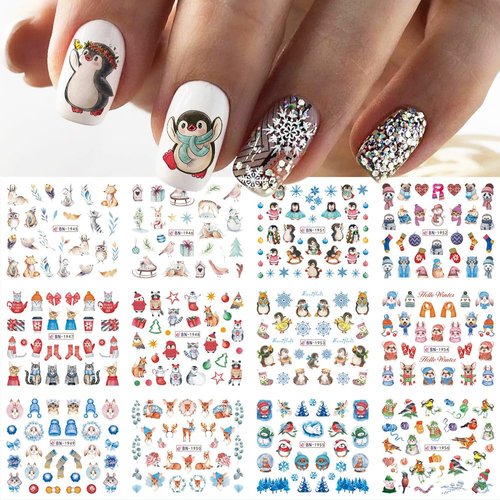 Christmas Nail Art Stickers Water Transfer Nail Stickers Cute Animals Water Transfer Nail Decals Penguin Elk Snowflake Nail Art Design Decals for Nail Art Self Adhesive Nail Art Supplies Accessories