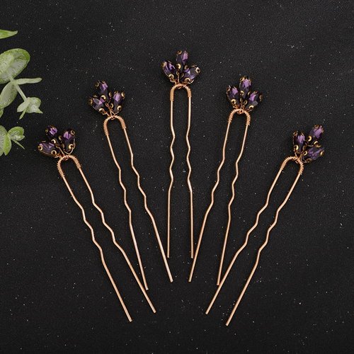 Teyglen 5pcs Crystal Bride Wedding Hair Pins Bridal Rhinestone Hair Piece Wedding Hair Accessories for Bride Sparkly Blue Red Green Crystal Hair Clips Pins for Women Girls Party Prom (Purple)