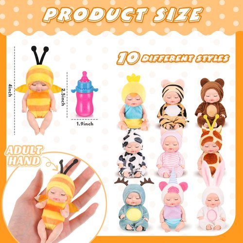 10 Pcs 4 Inch Mini Baby Dolls Realistic Baby Doll Animal Clothes Cute Tiny Babies Gifts Set with 10 Pcs Nursing Bottles for Boys Girls Toddlers Kids 3+ Birthday Gift Big Fillers