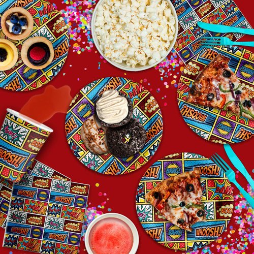 Superhero Comic Book Birthday Party Supplies - Super Hero Birthday for Boys - Super Hero Party Theme - Tableware Set Includes Plates Napkins and Cups - Kit for 16