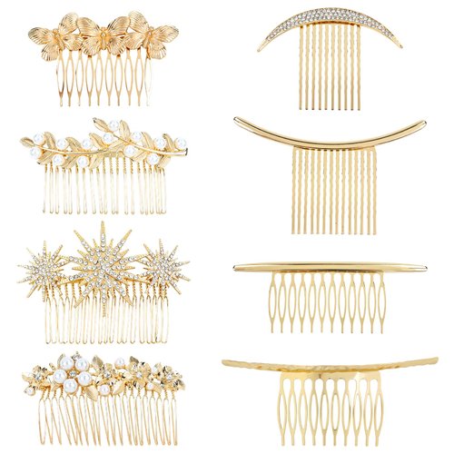 Dizila 8 Pieces Gold Metal Vintage Pearl Rhinestone Butterfly Flower Leaf Sun Moon Prom Bridal Wedding Hair Side Combs French Twist Hair Pins Grips Headpieces for Women Girls